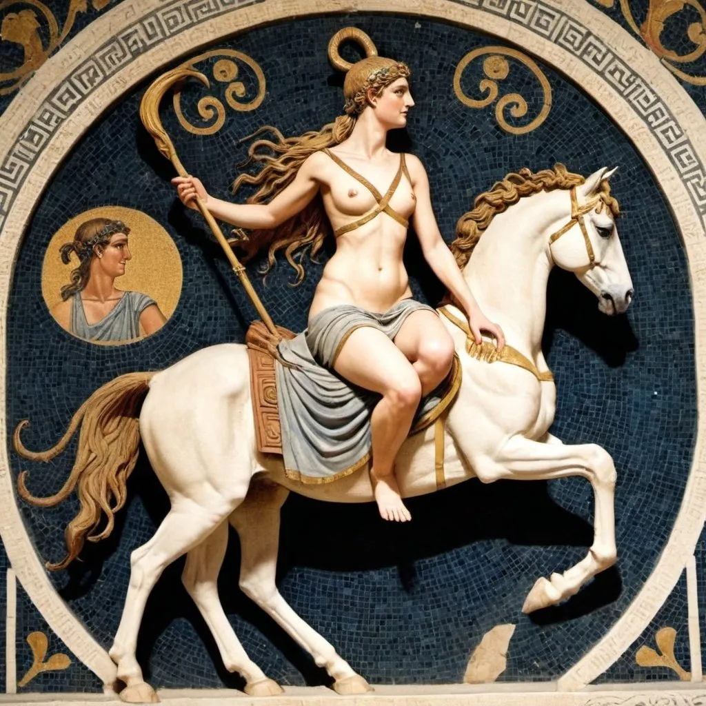 Prompt: The Centaurides (Ancient Greek: Κενταυρίδες, Kentaurides) or centauresses are female centaurs. First encountered in Greek mythology as members of the tribe of the Centauroi, the Centaurides are only occasionally mentioned in written sources, but appear frequently in Greek art and Roman mosaics. The centauress who appears most frequently in literature is Hylonome, wife of the centaur Cyllarus.

Draw me a female centauress. 