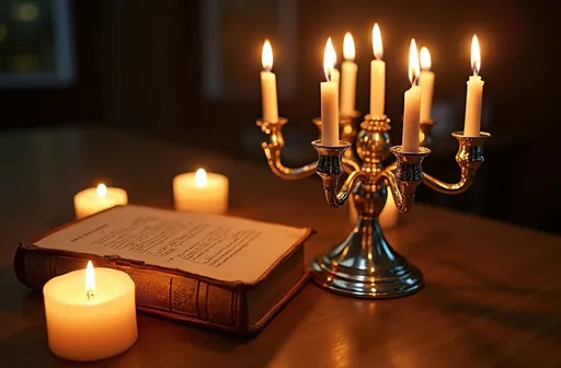 Prompt: Experience the solemn beauty of Yom Kippur 5785. A silver candelabrum gleams, surrounded by flickering candles casting warm, inviting light. A worn, cherished Hebrew prayer book rests nearby. The atmosphere is filled with a sense of reverence and spiritual reflection. May this image serve as a reminder of the importance of atonement, forgiveness, and introspection during this holy day. #YomKippur2024 #YomKippur5785