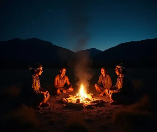 Prompt: (Ute family) gathered around a warm campfire, (traditional buckskin clothing) beautifully detailed, enjoying a rustic dinner under the starry night sky, warm amber glow, vibrant fire embers dancing in the cool evening air, serene wilderness backdrop with silhouetted mountains, (historic atmosphere), rich cultural heritage, 4K resolution, ultra-detailed, evocative scene capturing the essence of life's simplicity and connection to nature.