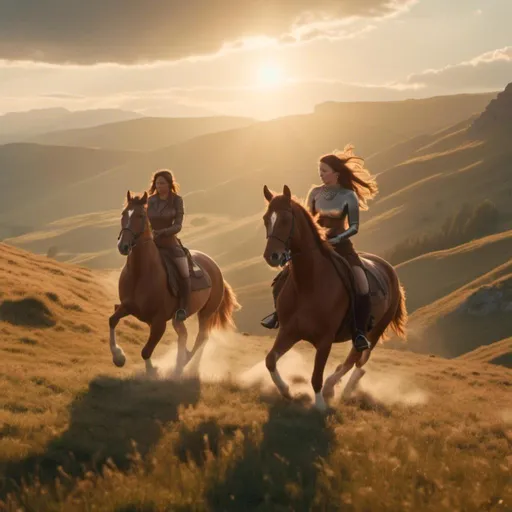 Prompt: <mymodel> A chestnut colored horse and woman rider cantering through a mountain medow. The sun is shining through light clouds making a magical scene from Camelot. 
