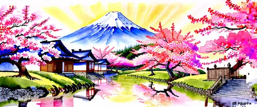 Prompt: Chinese water painting, Japanese village landscape, Mount Fuji in the background, cherry blossoms, golden rays, deep moment, central focus, high quality, detailed, Japanese watercolor, cherry blossom trees, serene atmosphere, traditional, picturesque, scenic beauty, landscape painting, tranquil, peaceful, elegant brushwork, warm lighting