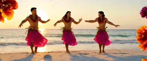 Prompt: Traditional dress of Hawaiian men and women, (dancing the hula), on a pristine white sandy beach, (sunset backdrop), soft waves lapping the shore, vibrant tropical flowers framing the scene, (muted warm tones), (joyful ambiance), (captivating rhythms), high detail capturing cultural richness and elegance, (4K).