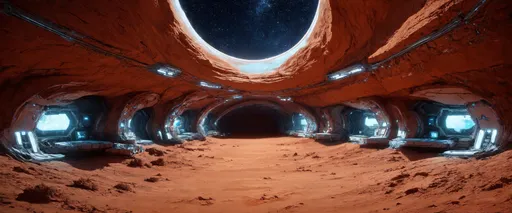 Prompt: A futuristic Mars underground habitat. lluminated tunnels carved into the Martian red rock, high-tech labs and cozy living quarters. The ceiling, a dome of glass, offers glimpses of the star-studded Milky Way above the desolate, dusty Martian landscape. A blend of technology and humanity, thriving in the vast, mysterious unknown.