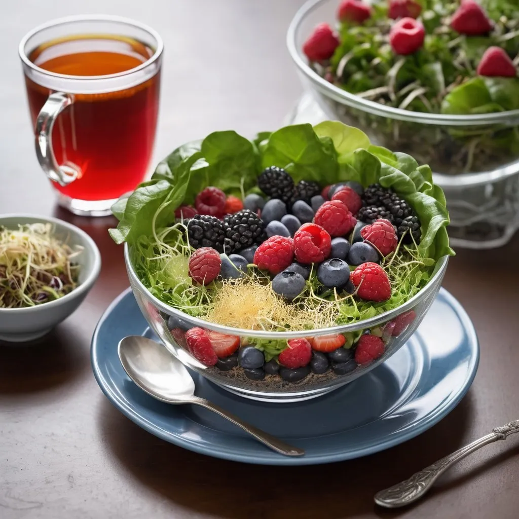 Prompt: A spring feast of fresh berries, shoots, and fresh lettuce with bean and Alpha alfalfa sprouts. All together in a crystal bowl.
A cup of hot tea in a favorite mug is beside the lunch plate. 