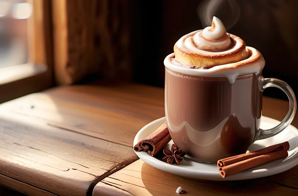 Prompt: A cozy café scene: A steaming mug of rich, creamy hot chocolate sits on a rustic wooden table, next to a fresh, fluffy cinnamon roll, its golden-brown exterior glistening with a light sugar glaze. The aroma of cinnamon and nutmeg fills the air, mingling with the faint scent of freshly brewed coffee. Soft sunlight filters through the window, casting a warm glow on the scene.