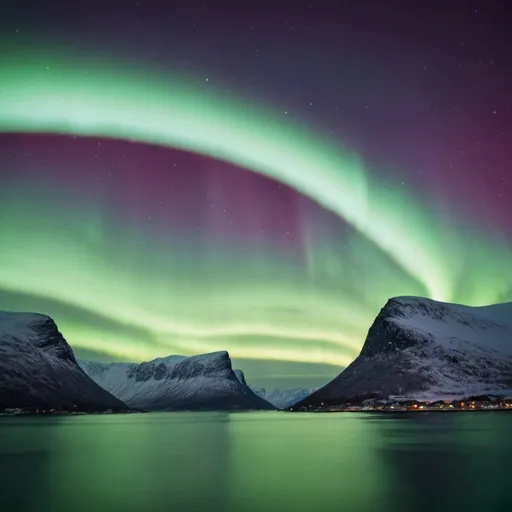 Prompt: The Northern Lights of Norway graceful arc across the sky. 