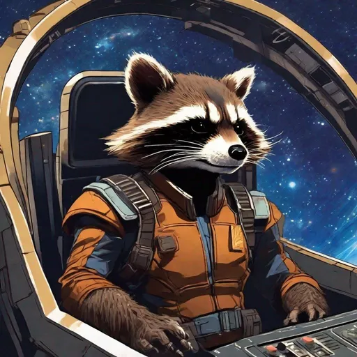 Prompt: Rocket Raccoon Guardian of the Galaxy at the controls of his starship. He is preparing for hyperspace. The Milky Way is seen through the forward viz-plates. His copilot is Ms. Universe.