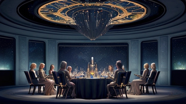 Prompt: A science fiction (village of women) meeting (village of men) at a ceremonial dinner, beautifully set table adorned with elegant decor, women seated on one side in futuristic attire, men on the opposite side in matching styles, (dynamic atmosphere), warm soft lighting casting dramatic shadows, surrounded by lush, alien landscapes under a starry night, high quality, ultra-detailed, captivating.