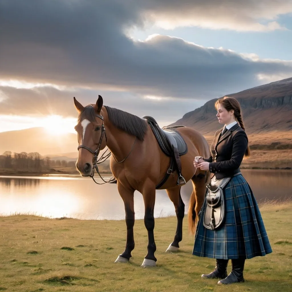 Prompt: A woman in a riding kilt and long Scottish knee stockings is standing next to her horse near to the loch. The sun is just setting, the blue sky and light clouds makes it look like a fairytale scene. She is having a rest after a long day in the saddle, and she is giving her horse some grain and a lump of sugar.  