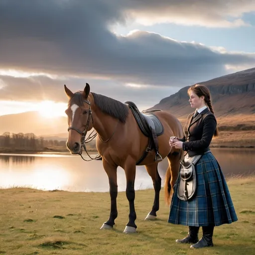 Prompt: A woman in a riding kilt and long Scottish knee stockings is standing next to her horse near to the loch. The sun is just setting, the blue sky and light clouds makes it look like a fairytale scene. She is having a rest after a long day in the saddle, and she is giving her horse some grain and a lump of sugar.  