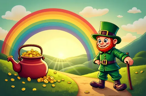 Prompt: A vibrant vintage scene featuring a shimmering rainbow arching across a lush, rolling landscape, its colors vivid and saturated. At the end of the rainbow rests a sparkling kettle overflowing with gold coins, gleaming in the warm, nostalgic glow of early morning sunlight. A mischievous leprechaun with a cheerful expression, wearing a bright green coat and buckled hat, stands guard nearby, leaning happily on a wooden staff. The atmosphere is lively and whimsical, with soft, diffused light emphasizing the rich, vintage color palette, capturing the magic and charm of an old-world fairy tale setting. Art style: classic cartoon illustration with bold lines and vibrant, saturated hues.
