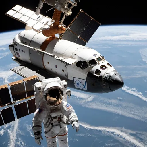 Prompt: The Space Shuttle is docked with the ISS. Personnel are in EVA Space Suits moving cargo onto space sleds to transport the cargo onto the receiving bay area of the ISS. 