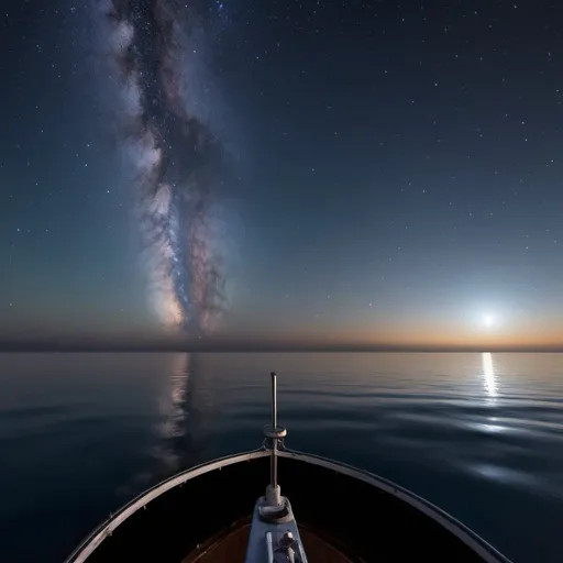 Prompt: Standing on the Fo'c's'le of my ship at midnight on a clear, calm, moonless night. The surface of the sea is smooth as glass. The arch of the Milky Way goes from horizon to horizon. The stars are reflected on the surface of the water. I see stars in every direction I look. It is as if I am in deep space.