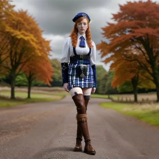 Prompt: Scottish lassie wearing formal Scottish Kilt. Ginger hair, freckles, blue eyes, White silk blouse, Scottish Tartan knee high stockings, 
brown leather boots, Scottish cap on her head. 
Full height head to toe, Centered ,extremely detailed CG unity 8k wallpaper,full body,From front,Full body,Wide shot 