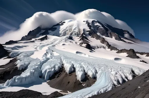 Prompt: Avalanche cascading down (dramatic) face of Mount Rainier, (majestic) snow-capped peaks, icy textures, (dynamic) movement of snow and ice, (cool tone) bluish white color palette contrasted with dark rocky surface, expansive (high-quality) landscape, (ultra-detailed) cloud-filled sky in the background, capturing a sense of power and nature's fury, (cinematic atmosphere) evoking awe and respect.