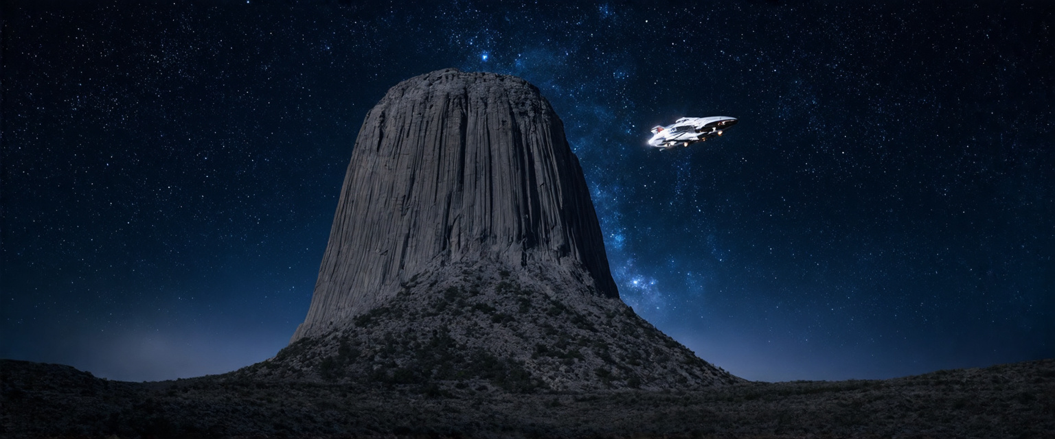 Prompt:  A mesmerizing scene unfolds as a futuristic alien spaceship, gleaming with iridescent lights, descends upon the mystical Devils Tower in Wyoming. The towering rock formation, a natural wonder, stands in stark contrast to the sleek extraterrestrial vessel, creating a unique blend of the ancient and the advanced. This otherworldly encounter is set against the backdrop of a starlit sky, filled with a twinkling tapestry of stars and galaxies, far beyond our own.                       