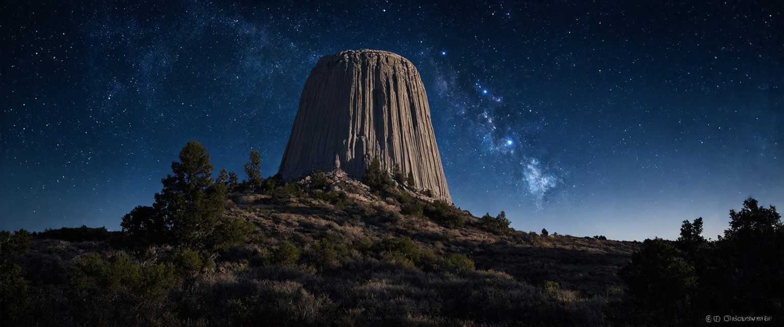 Prompt:  A mesmerizing scene unfolds as a futuristic alien spaceship, gleaming with iridescent lights, descends upon the mystical Devils Tower in Wyoming. The towering rock formation, a natural wonder, stands in stark contrast to the sleek extraterrestrial vessel, creating a unique blend of the ancient and the advanced. This otherworldly encounter is set against the backdrop of a starlit sky, filled with a twinkling tapestry of stars and galaxies, far beyond our own.                       