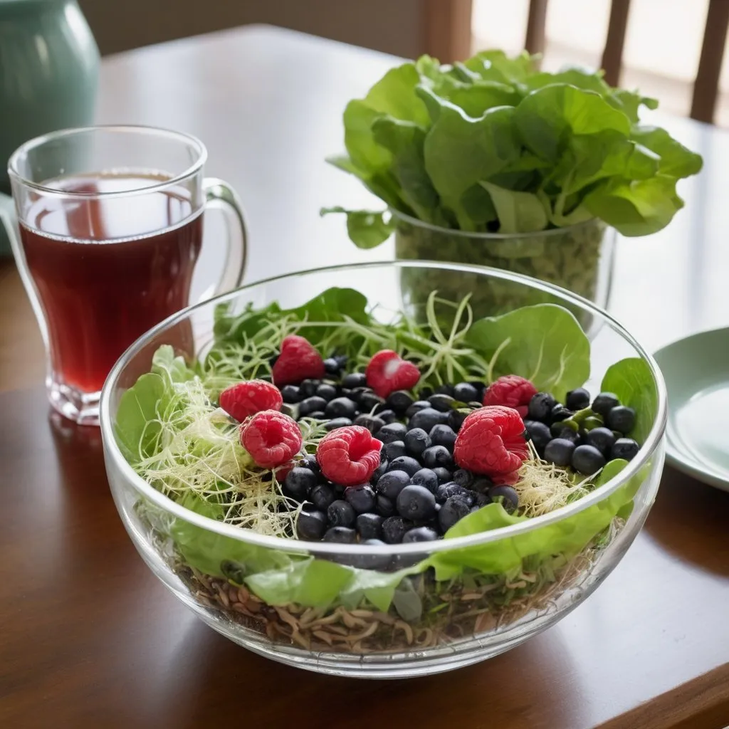 Prompt: A spring feast of fresh berries, shoots, and fresh lettuce with bean and Alpha alfalfa sprouts. All together in a crystal bowl.
A cup of hot tea in a favorite mug is beside the lunch plate. 