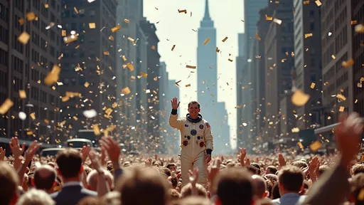 Prompt: A jubilant scene of a vintage ticker tape parade in New York City, celebrating astronaut John Glenn's triumphant return from his history-making orbit around Earth. Amidst towering skyscrapers, crowds of cheering fans wave a blizzard of confetti, while streams of ticker tape flutter down like virtual golden rain. Amidst the sea of excitement, John Glenn waves back, beaming with pride and gratitude, as a symbol of American heroism and space exploration achievement.