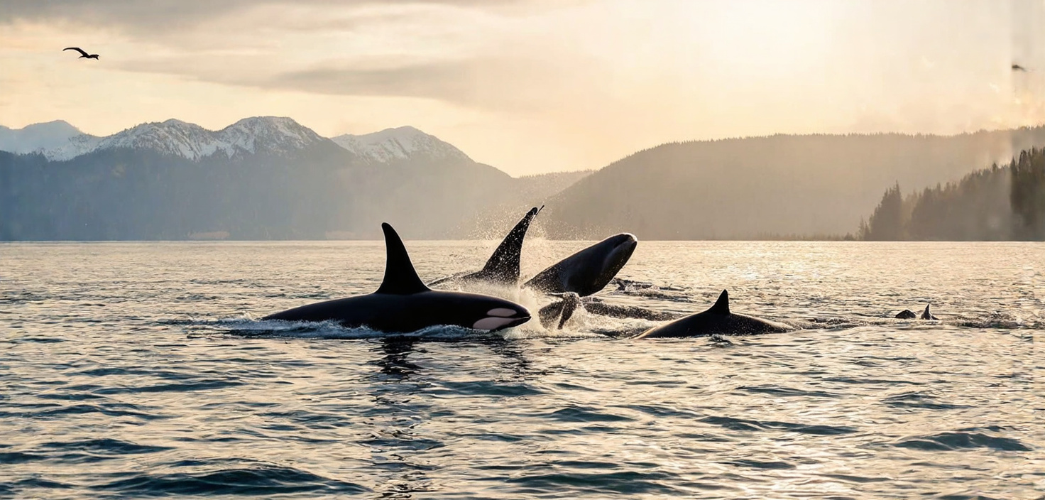 Prompt: Embark on a tranquil British Columbia sea cruise, the sun casting golden hues over the water. Observe majestic orcas and playful humpback whales as they breach the surface, their powerful fins slicing through the waves. Seabirds soar above, while dolphins race alongside the boat, their smiles infectious. A perfect blend of nature's grandeur and peaceful serenity.