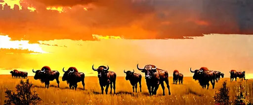 Prompt: A vast South Dakota prairie, painted with golden hues of sunset. A majestic herd of buffalo roam freely, their robust silhouettes contrasting against the fiery sky. The young calves frolic, while the seasoned bulls keep watch, their massive heads adorned with thick, wild hair. An awe-inspiring scene of raw power and untamed beauty.