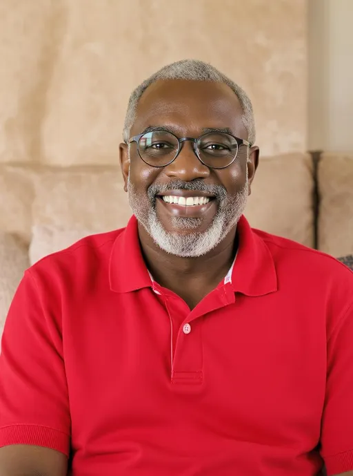 Prompt: A smiling older African American man exudes warmth and friendliness, seated against a softly textured, neutral-colored background that enhances the cheerful ambiance of the scene. He has a full, well-groomed beard mixed with gray, complementing his round glasses that sit comfortably on his nose. Dressed in a bright red polo shirt with a contrasting collar, his relaxed demeanor and genuine smile create an inviting atmosphere. The soft lighting accentuates his features, highlighting the joy and experience etched on his face, while the casual setting suggests a moment of leisure and contentment. Overall, the image conveys a sense of peace and happiness, resonating with a welcoming charm.