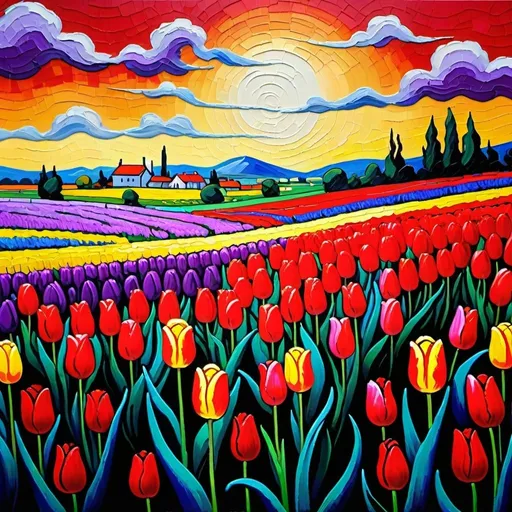 Prompt: Tulip fields in Van Gogh style, vibrant red and purple, impressionist brush strokes, high quality, oil painting, iconic swirls, blooming tulips, rolling hills, Dutch countryside, vibrant colors, textured canvas, impressionism, rich color palette, artistic, colorful, rural landscape, iconic style, vibrant florals, dynamic composition, beautiful brushwork, vivid, atmospheric lighting, detailed flowers, classic art, expressionistic, timeless