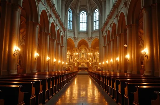 Prompt: Candles flicker in the cathedral, casting an ethereal glow on the stone walls and vaulted ceiling. The scent of incense fills the air, adding to the otherworldly atmosphere. The light of the candles dances and sparkles, reflecting off the gold and silver of the altar and the stained glass windows. The air is still and silent, save for the soft chanting of the choir.