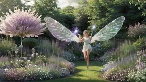 Prompt: (pixie flying above her garden), (magic dust flowing from her wand), her bare body sparkling with magic (gossamer wings extended), ethereal atmosphere, tranquil ambiance, vibrant, lush greenery in the background, colorful flowers blooming, soft sparkle effect in the air, warm, radiant sunlight filtering through, high resolution, ultra-detailed visuals, enchanting magical realism, whimsical charm.