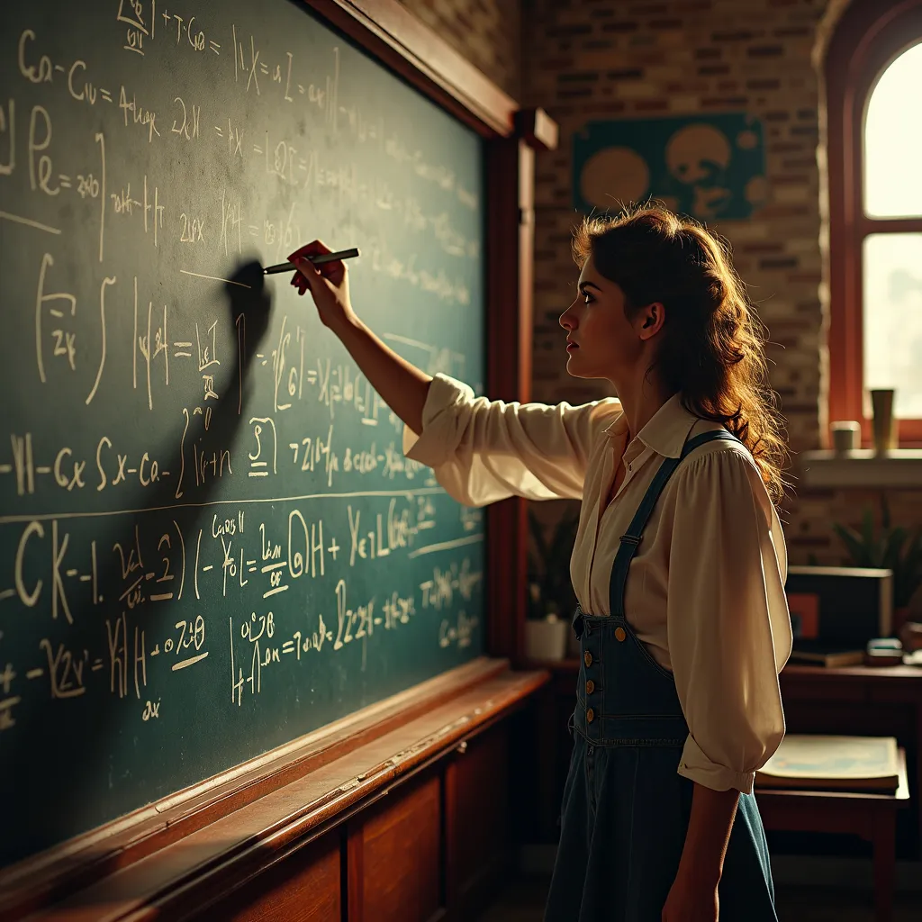 Prompt: (Mileva Marić Einstein), female physicist at chalkboard, demonstrating curvature of spacetime, intellectual and focused expression, academic attire reminiscent of the early 1900s, vast array of chalk equations surrounding her, warm light illuminating the scene, creating a cozy yet serious atmosphere, vintage educational setting, rich, historical ambiance, (ultra-detailed) and (photorealistic) style, capturing the essence of collaboration and knowledge.