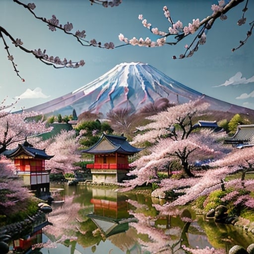 Prompt: Chinese water painting, Japanese village landscape, Mount Fuji in the background, cherry blossoms, golden rays, deep moment, central focus, high quality, detailed, Japanese watercolor, cherry blossom trees, serene atmosphere, traditional, picturesque, scenic beauty, landscape painting, tranquil, peaceful, elegant brushwork, warm lighting