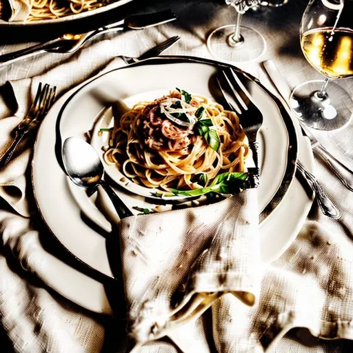 Prompt: Formal dinner with Spaghetti Carbonara, Parmigiano Regiano, crystal wine glass, linen napkin, silver utensils, highres, realistic, fine dining, elegant, Italian cuisine, detailed texture, soft lighting, classic ambiance, luxurious, exquisite food presentation, white wine, formal setting, detailed ingredients, professional food photography