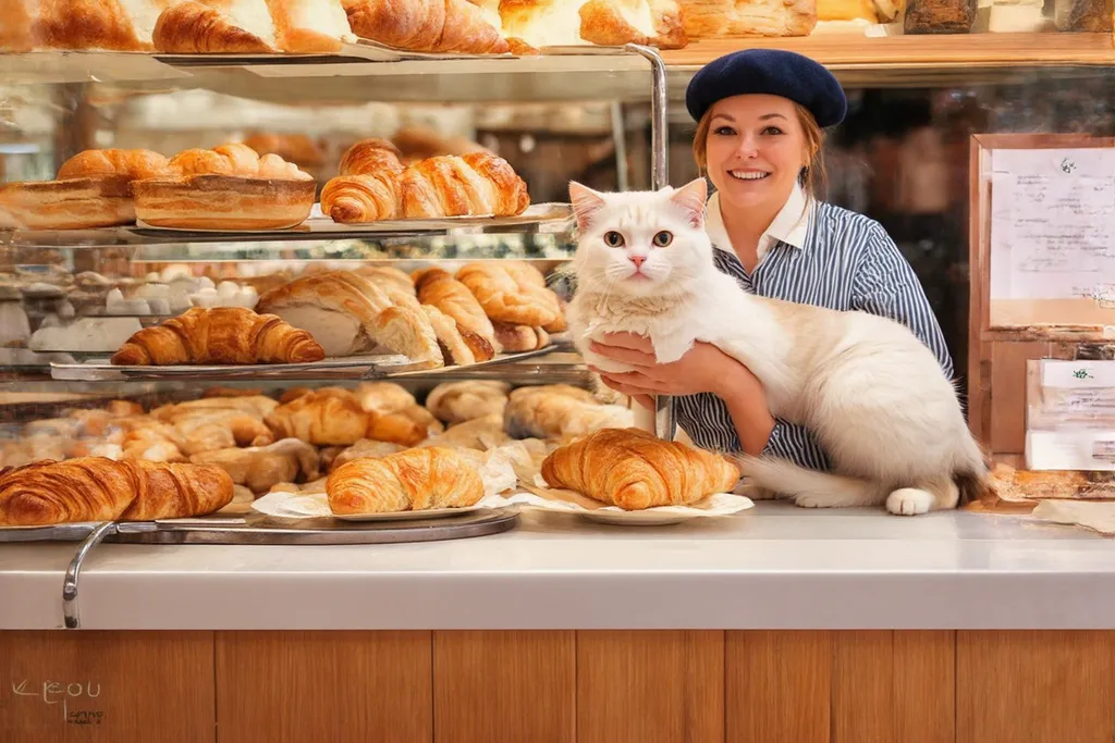 Prompt: A charming French patisserie, filled with the delightful aroma of freshly baked croissants and pastries. A chubby, white cat named Chou sits on the counter, eyeing a croissant. The owner, dressed in a striped shirt and beret, smiles warmly.