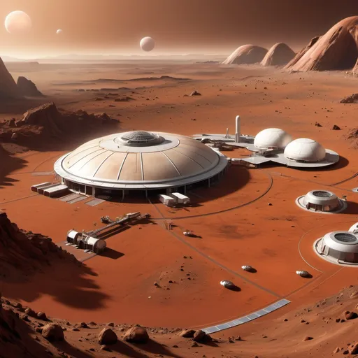 Prompt: (3D panorama of Mars Base One), futuristic architecture, (main administration building) beneath the (rightmost pressure dome), (landing field) on the left side, maintenance hangar situated between the field and the dome, vibrant Martian landscape, reddish-brown terrain with rocky formations, smoke plume from distant machinery, (high-quality atmospheric lighting), sci-fi ambience, ultra-detailed, immersive, engaging scene.