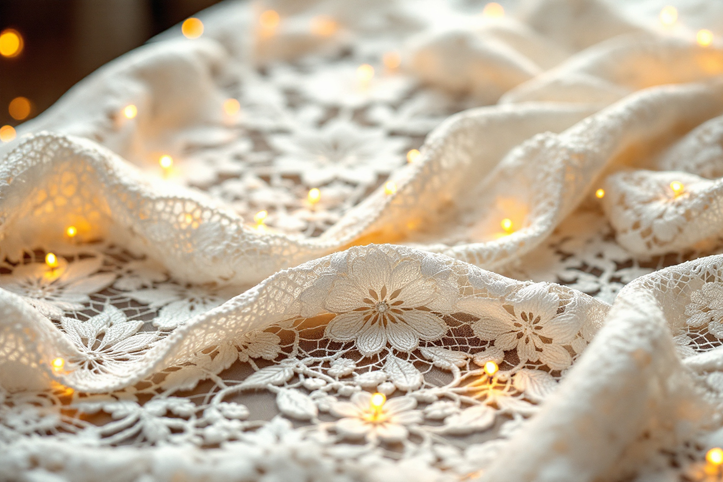 Prompt: elegant tablecloth made of fine white lace, intricate Irish crochet patterns, warm color scheme, inviting ambiance, aesthetically pleasing design, perfect for dining settings, eye-catching detail, cozy atmosphere, enhanced texture, soft lighting, high quality, professional advertising style, perfect for showcasing home decor elegance, inviting hospitality feel.