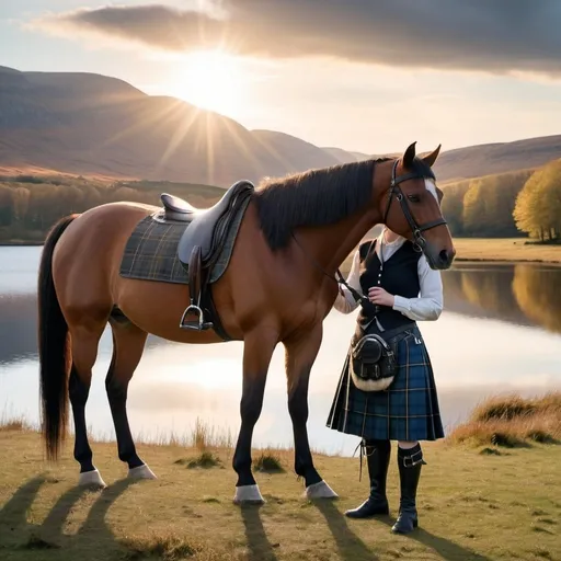 Prompt: A woman in a riding kilt and long Scottish knee stockings is standing next to her horse near to the loch. The sun is just setting, the blue sky and light clouds makes it look like a fairytale scene. She is having a rest after a long day in the saddle, and she is giving her horse some grain and a lump of sugar.  