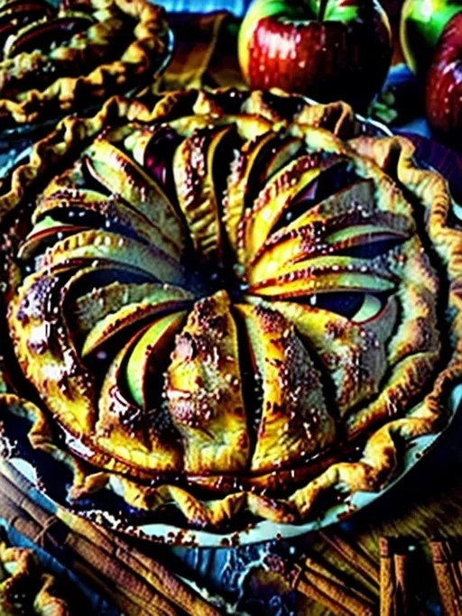 Prompt: Freshly baked apple pie with flaky crust, cinnamon and nutmeg, spicy filling oozing through, warm and inviting, realistic, detailed pastry texture, delicious aroma, food illustration, close-up, cozy lighting, high quality, traditional, inviting scent, rich colors, appetizing, brightly lit photorealistic