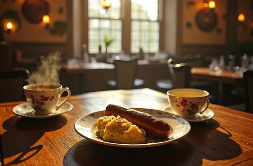 Prompt: A charming English pub bathed in a warm, golden glow, where soft sunlight filters through rustic windows, casting gentle patterns onto the polished wooden table. At the center, a delicate fine bone china teacup with intricate floral patterns rests elegantly, steam rising gracefully from its rim. Nearby, a hearty plate of bangers and mash sits invitingly, the creamy mashed potatoes contrasting with the rich brown of the sausages, all adorned with a drizzle of savory gravy. The pub's cozy ambiance is enhanced by wooden beams overhead and the faint sounds of laughter echoing in the background. This scene is captured in an ads-retail style, emphasizing the inviting warmth and comfort of traditional British fare.