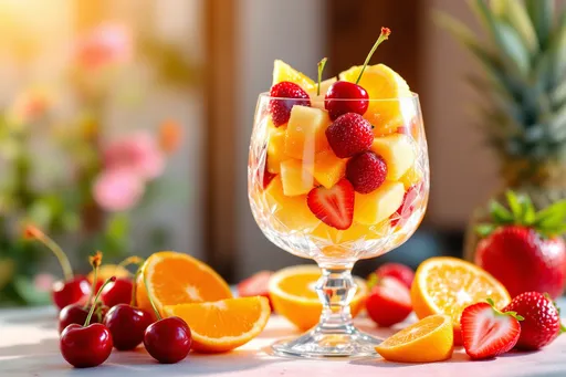 Prompt: fruit cocktail in a crystal goblet, vibrant sliced cherries, juicy sections of oranges, refreshing bits of pineapple, succulent sliced strawberries, glistening with orange juice, high contrast colors, bright and colorful ambiance, perfect summer treat, glossy surface reflections, artistic lighting for a fresh feel, ultra-detailed, HD quality presentation, appetizing and inviting, delightful arrangement of fruits, cool summer vibes, mouthwatering appeal.