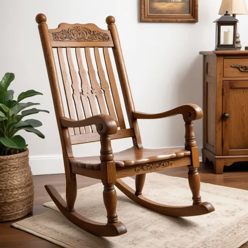 Prompt: (vintage oak rocking chair), rustic charm, beautifully aged wood, intricate craftsmanship, warm, inviting tones, soft light illuminating details, cozy atmosphere, rich texture of the grain, set in a serene room, charmingly understated décor, high definition, ultra-detailed, nostalgic vibe.