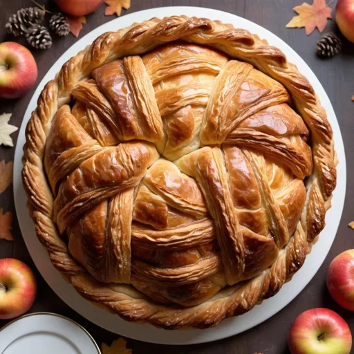 Prompt: Pastry fresh from the oven, flaky with butter between each of the delicate layers of delicious goodness. Pastries like a gift from the God's, tender croissant, lattice pie dough on apple pie. All the goodness from the baker to your lips. Arranged as the centerpiece of Thanksgiving dinner. 