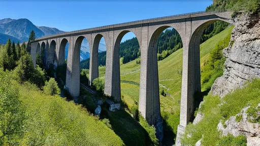 Prompt: The Landwasser Viaduct is a renowned railway bridge near the village of Filisur in the Swiss canton of Graubünden. Completed in October 1902, this engineering marvel stands 213 feet tall and features six arches, each spanning 65 feet.