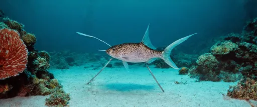 Prompt: The tripod fish is a deep-sea creature that stands on the ocean floor using three long fins, including two pelvic fins beneath its body and its tail fin. It stands about 30-40 cm (12-16 inches) tall in this position.

This allows it to remain still in strong currents and conserve energy while waiting for food. Its pectoral fins, located on the sides of its body, act like arms to catch small prey that drifts by.