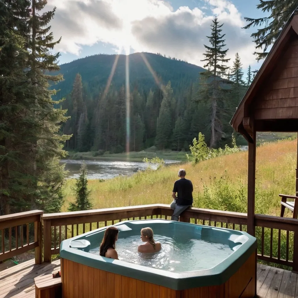 Prompt: An octagonal hot tub on a deck behind the home in the Cascade Mountains. A couple sitting in the water relaxing looking at the medow down in the valley. The sun is shining through light clouds. 