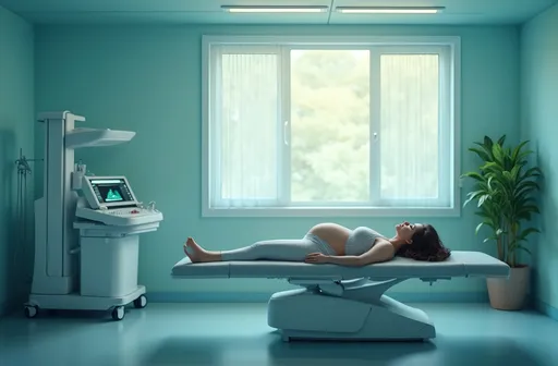 Prompt: Create a dynamic advertisement-style image in a cool color scheme featuring a serene hospital examination room. Soft, cool blues and subtle greens dominate the palette, enhancing a calming atmosphere. In the center, a pregnant woman lies gracefully on her back upon a sleek examination table, her expression a blend of anticipation and tranquility. Gentle overhead lighting casts a warm hue, contrasting the cool tones and emphasizing her peaceful demeanor. Surrounding her are elements of modern medical technology—an advanced ultrasound machine nearby, sterile instruments neatly arranged, and a potted plant adding a touch of life. The scene captures the moment just before the doctor enters, evoking a sense of hope and preparation for new beginnings in this nurturing environment.