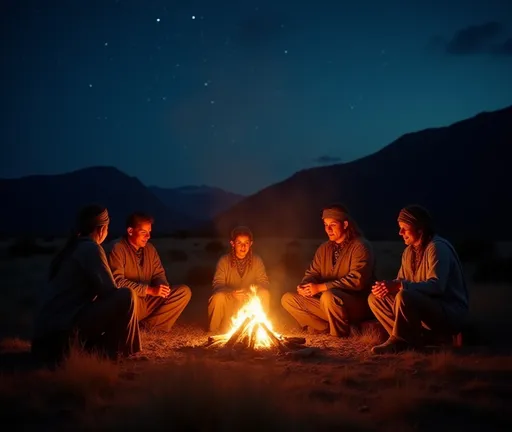 Prompt: (Ute family) gathered around a warm campfire, (traditional buckskin clothing) beautifully detailed, enjoying a rustic dinner under the starry night sky, warm amber glow, vibrant fire embers dancing in the cool evening air, serene wilderness backdrop with silhouetted mountains, (historic atmosphere), rich cultural heritage, 4K resolution, ultra-detailed, evocative scene capturing the essence of life's simplicity and connection to nature.