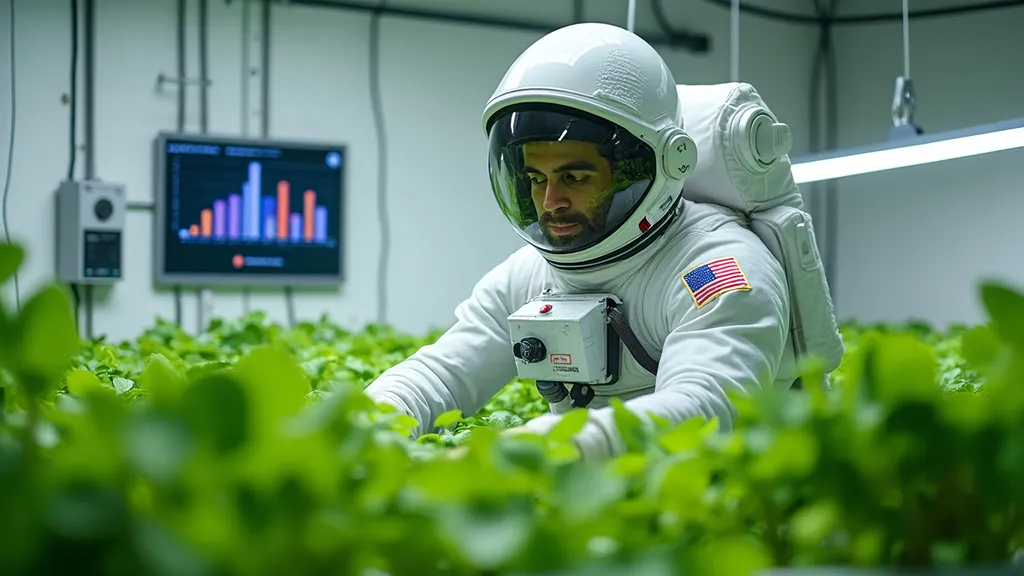 Prompt: An astronaut-botanist-programmer on a deep space mission: In a sterile, white hydroponics lab, lush greenery thrives under artificial lights. Amidst the plants crucial for long-duration space travel, the astronaut maintains the lab's ecosystem. A wall-mounted console displays graphs and charts of plant growth and life support systems' performance. The astronaut's gaze shifts between life-sustaining organisms and data-driven monitoring systems, ensuring balance and success in this cosmic journey.