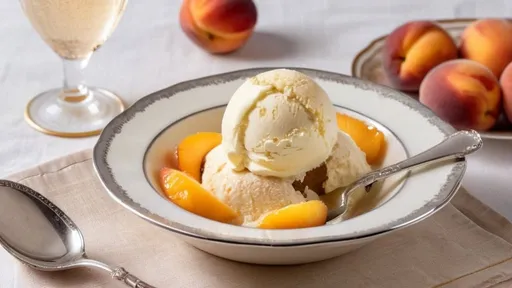 Prompt: Peach cobbler golden  yellow peach filling, with light crust baked a lovely light brown. Tasty vanilla ice cream on the side. In a china bowl with delicate platinum designs on the edge. A silver spoon is placed beside the dish. A flute of champagne is on the table beside the spoon. A linen napkin is under the spoon. 