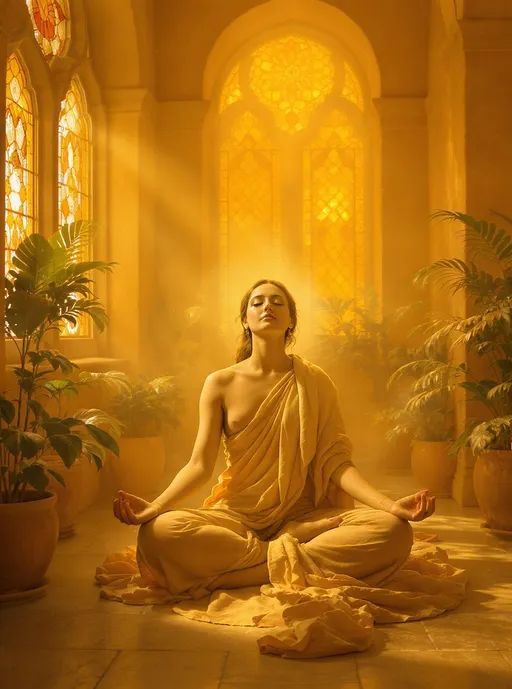 Prompt: Envision a serene indoor space, bathed in golden hues reminiscent of a Renaissance masterpiece. Soft, warm light filters through ornate stained glass windows, casting intricate patterns on the stone floor. In the center, a figure is gracefully seated in a classic yoga pose, their expression embodying tranquility and deep focus. They are draped in flowing, earth-toned fabrics that ripple gently as they breathe, harmonizing with the warm color scheme of the surroundings. Lush potted plants encircle the figure, their rich greens contrasting beautifully against the warm ambers and soft ochres of the room. A faint, ethereal haze lingers in the air, enhancing the meditative atmosphere. Capture this scene in a Renaissance art style, rich in detail and warmth, evoking a sense of peace and introspection.