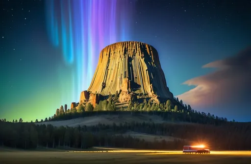 Prompt: A mesmerizing scene unfolds as a futuristic alien spaceship, gleaming with iridescent lights, descends upon the mystical Devils Tower in Wyoming. The towering rock formation, a natural wonder, stands in stark contrast to the sleek extraterrestrial vessel, creating a unique blend of the ancient and the advanced. This otherworldly encounter is set against the backdrop of a starlit sky, filled with a twinkling tapestry of stars and galaxies, far beyond our own.